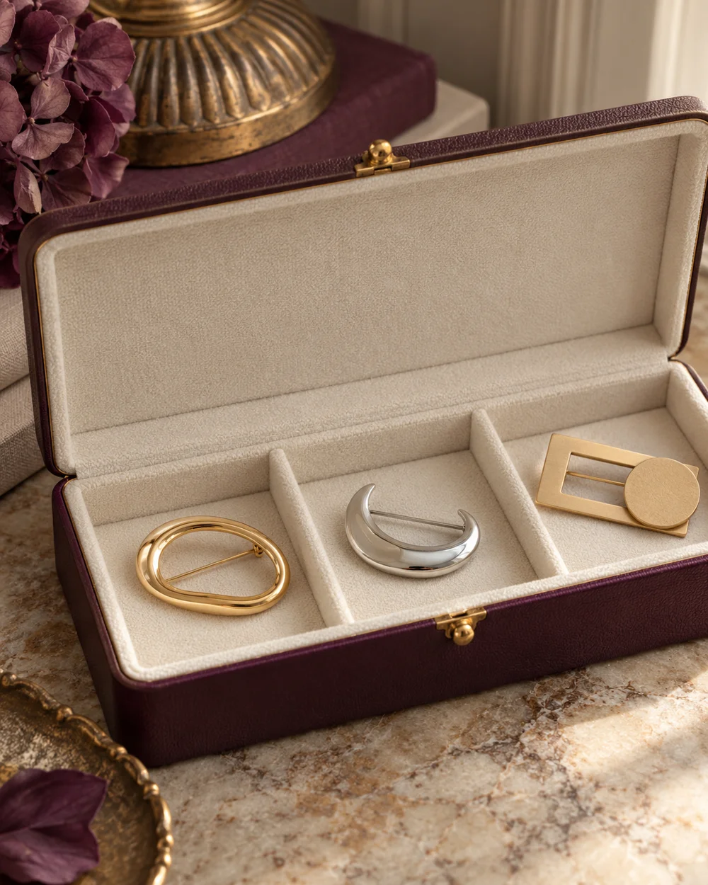 Store Brooches Separately in a Small Accessory Box — AI-generated editorial concept