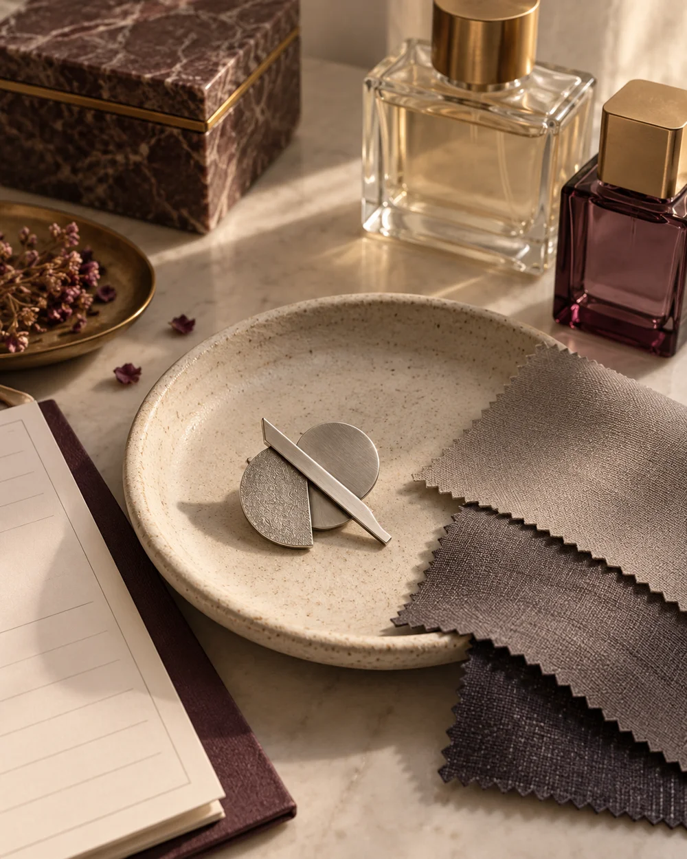 Build a Monochrome Brooch Flat Lay — AI-generated editorial concept
