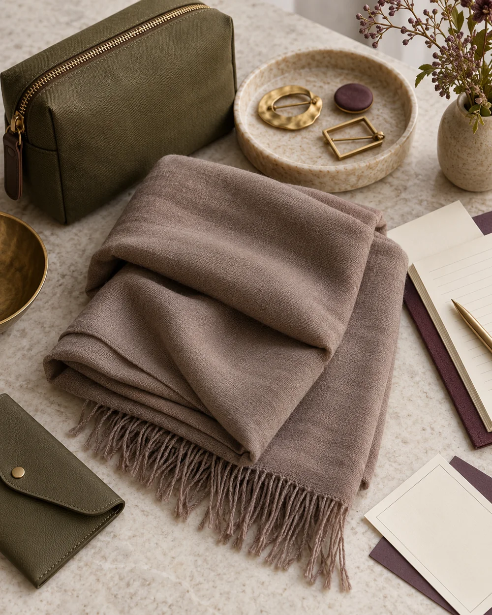 Choose a Plain Scarf Flat Lay for a Small Frame — AI-generated editorial concept