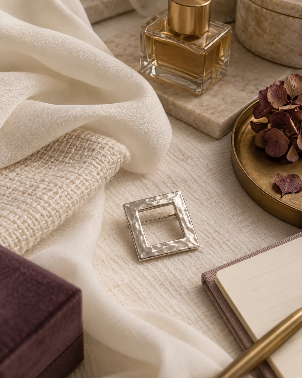 Compare a Brooch on Smooth and Textured Cloth — AI-generated editorial concept