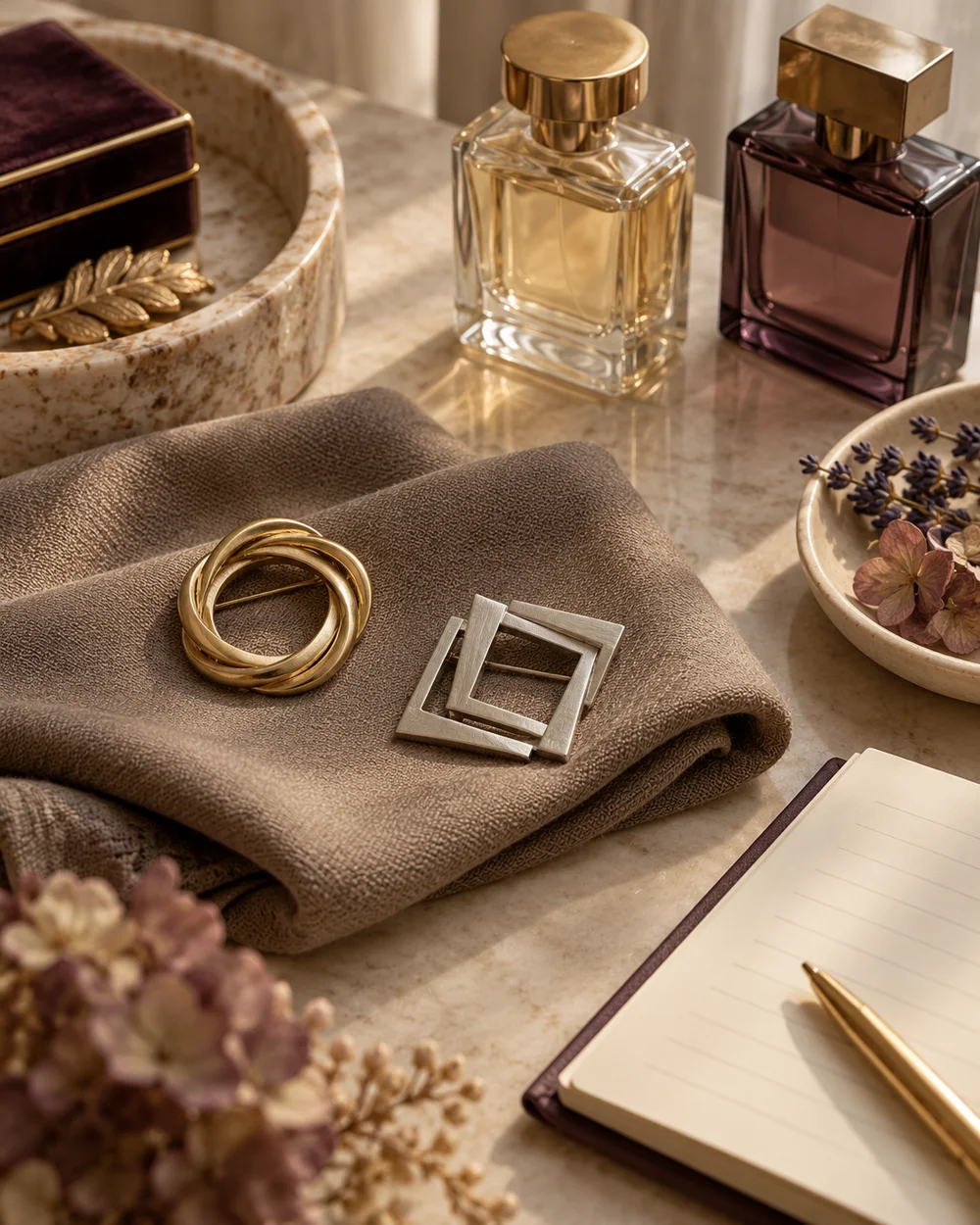 Compare a Round Brooch With a Square Brooch — AI-generated editorial concept