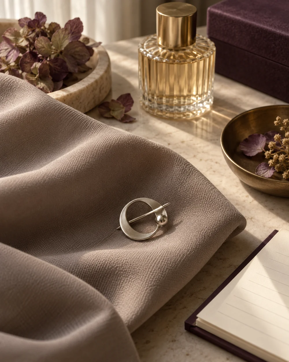 Compare a Small Brooch Against a Large Fabric Fold — AI-generated editorial concept