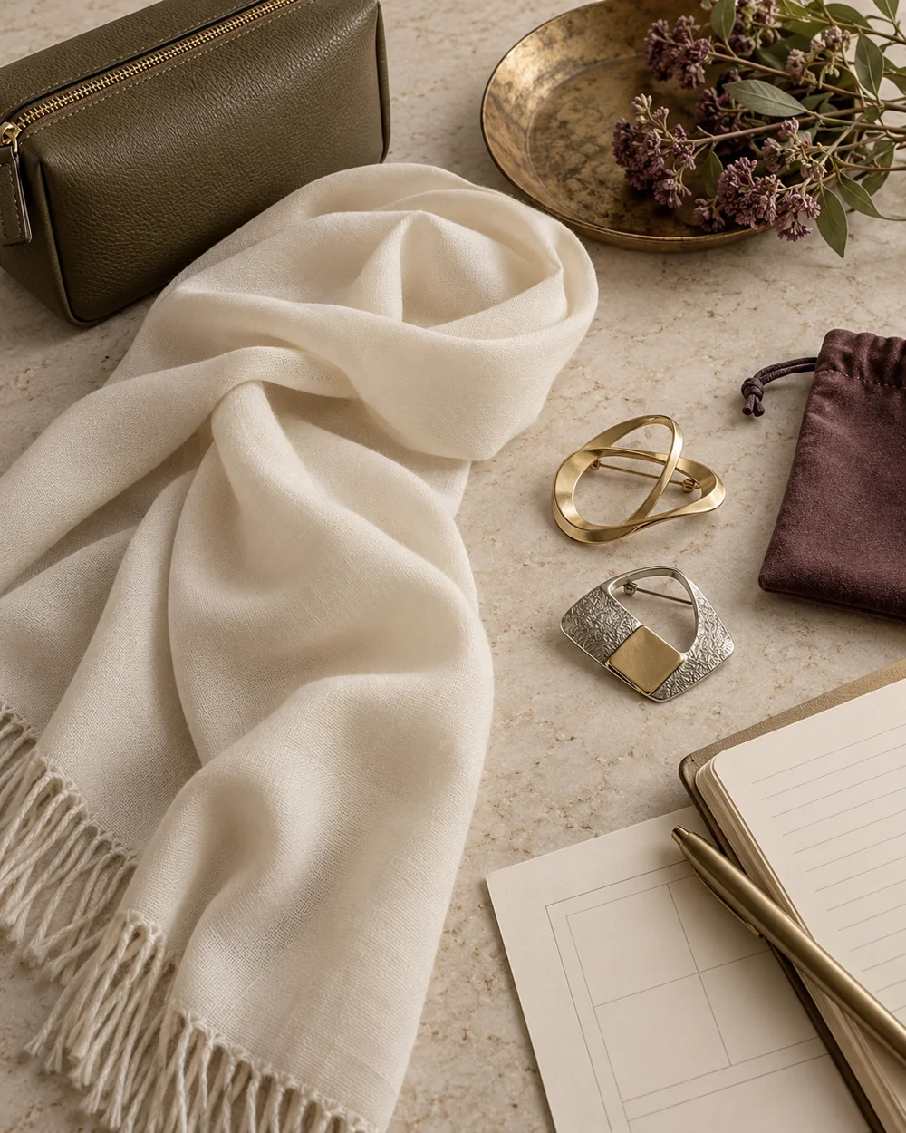 Compare Gold and Silver Details Beside a Scarf — AI-generated editorial concept