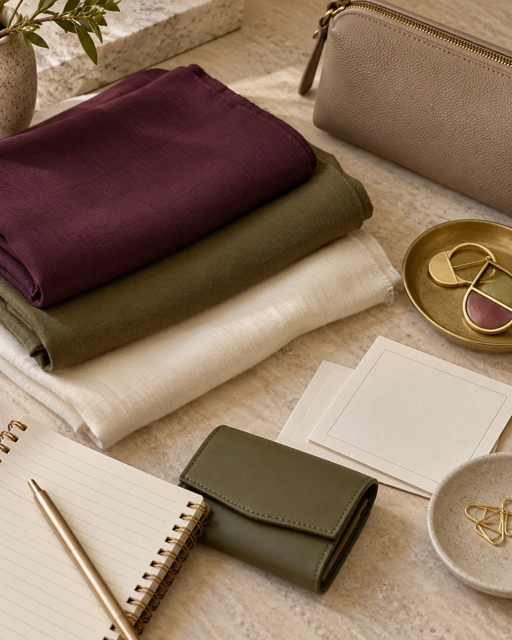 Compare Plum and Olive Scarf Accents — AI-generated editorial concept
