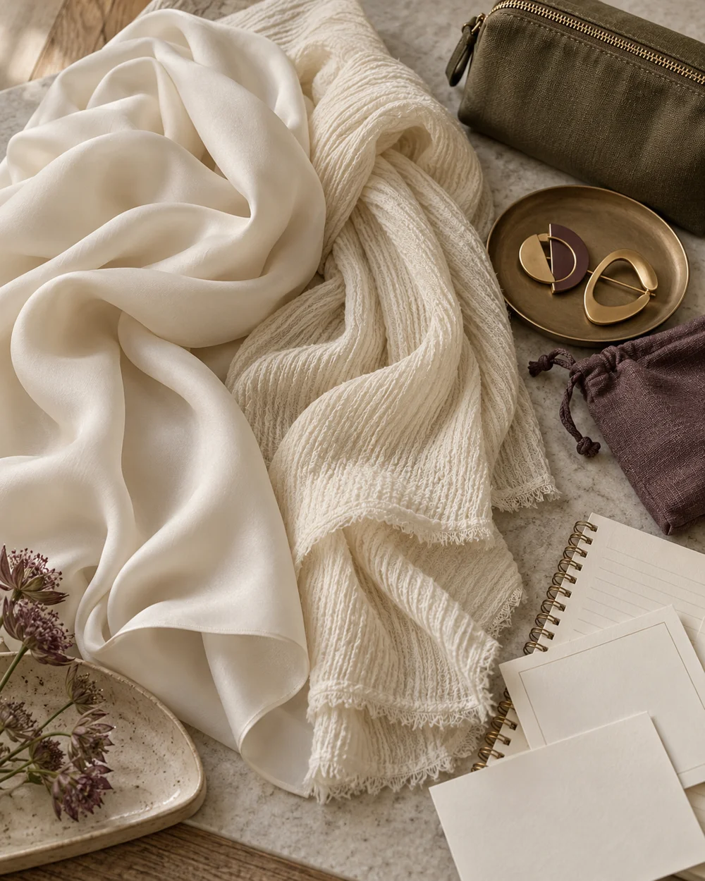 Compare Smooth and Textured Scarf Flat Lays — AI-generated editorial concept