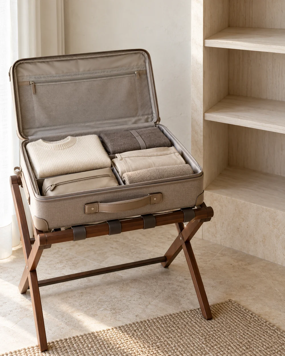 Create an Unpacking Space Without Spreading Clothes Everywhere — AI-generated editorial concept