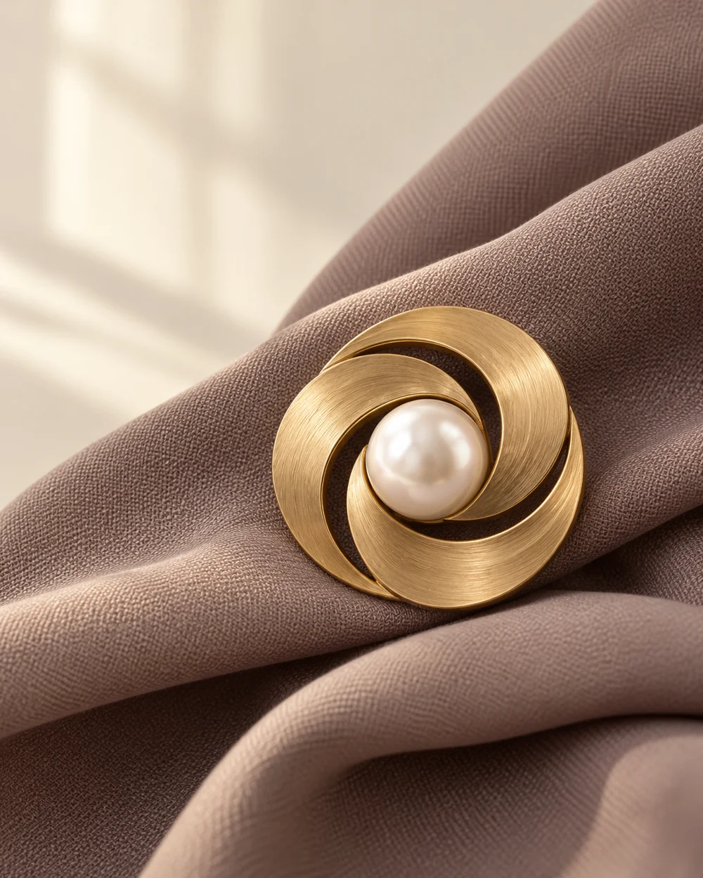 A simple geometric brooch on folded neutral fabric — AI-generated editorial concept