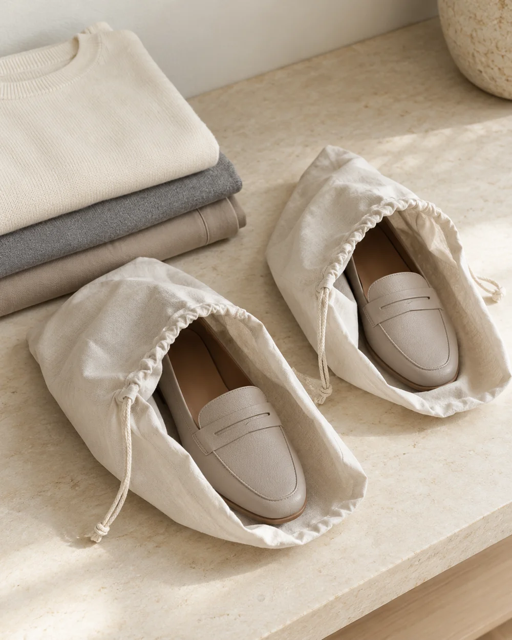 Plan a Minimal Shoes-and-Clothes Packing Layout — AI-generated editorial concept
