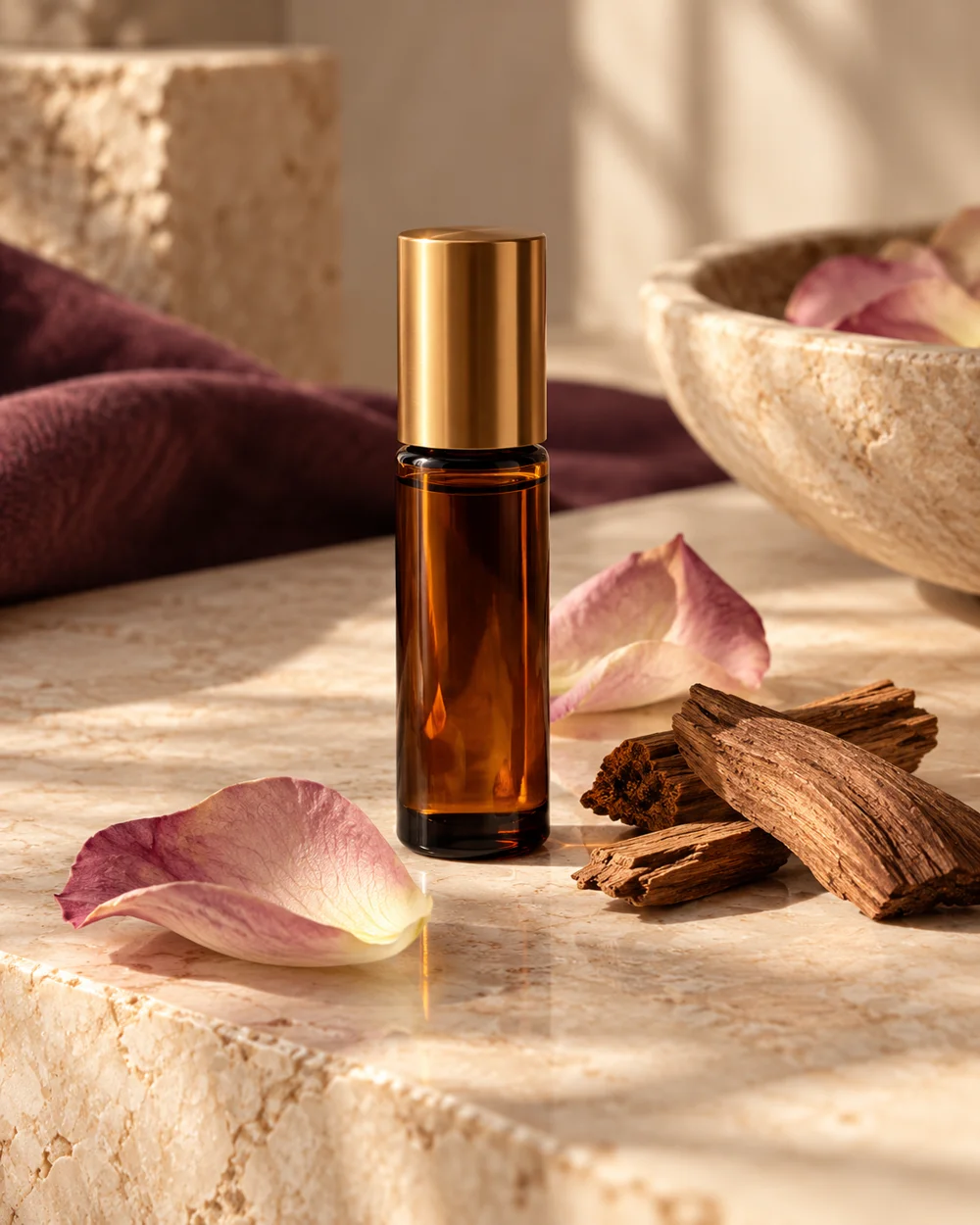 Rose petals and cedar pieces beside an unbranded fragrance bottle — AI-generated editorial concept