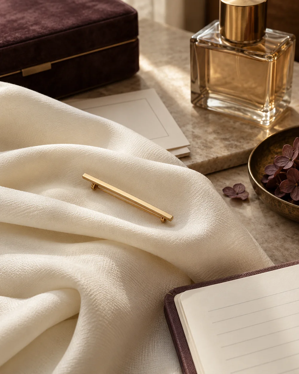 Style a Bar Brooch on a Broad Fabric Fold — AI-generated editorial concept