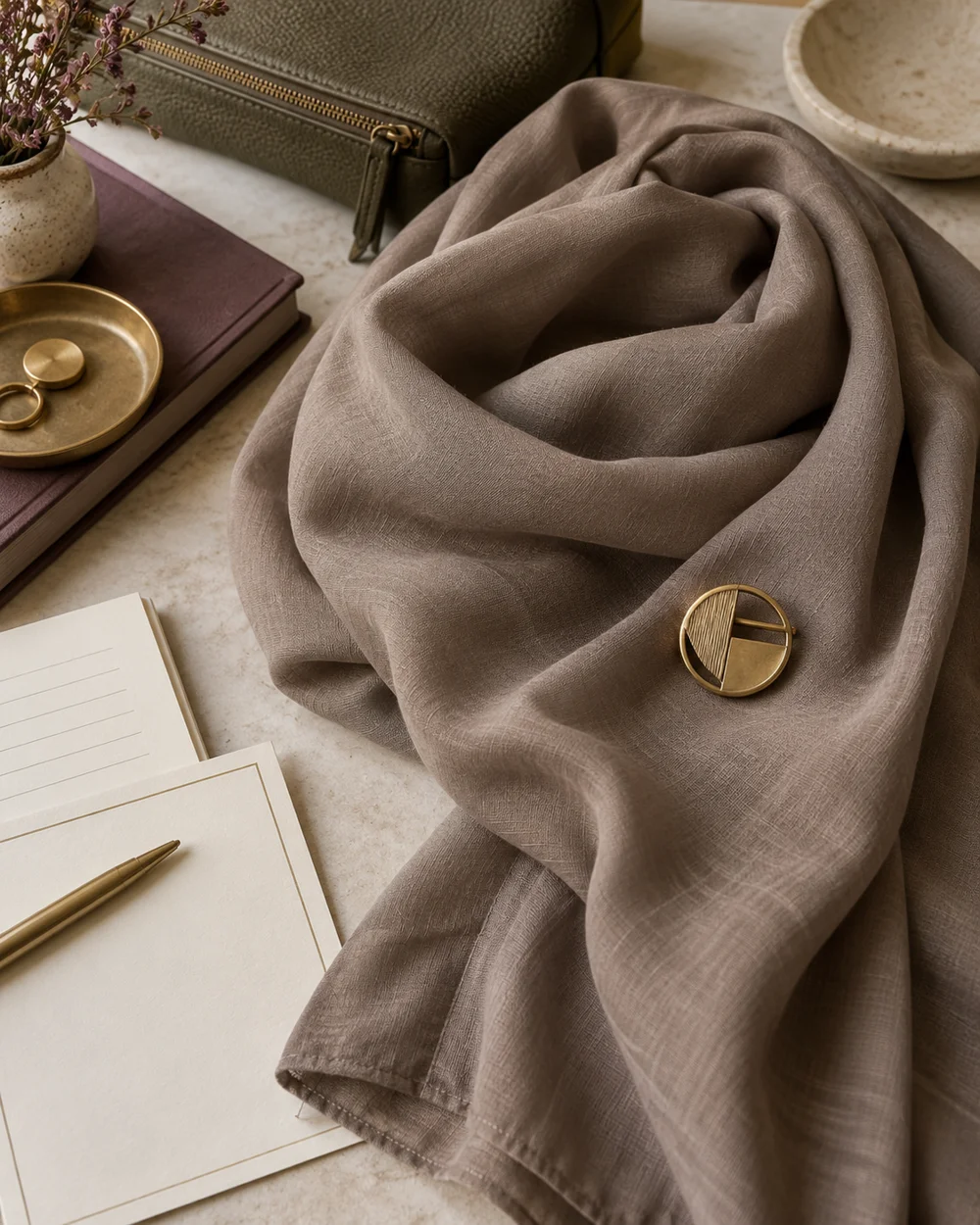 Style a Plain Scarf Beside a Geometric Brooch — AI-generated editorial concept