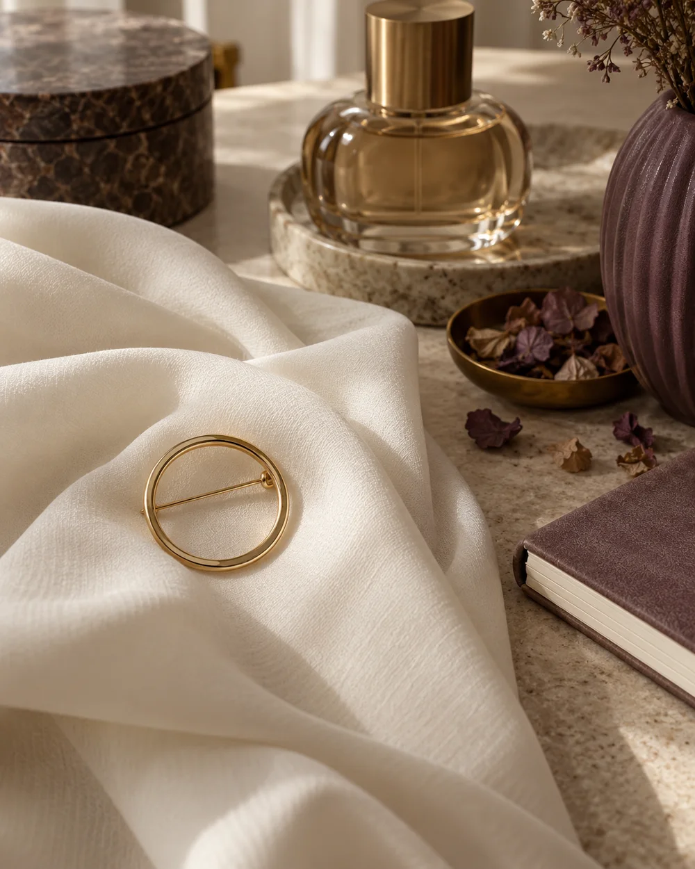 Style an Open-Circle Brooch With Simple Folds — AI-generated editorial concept
