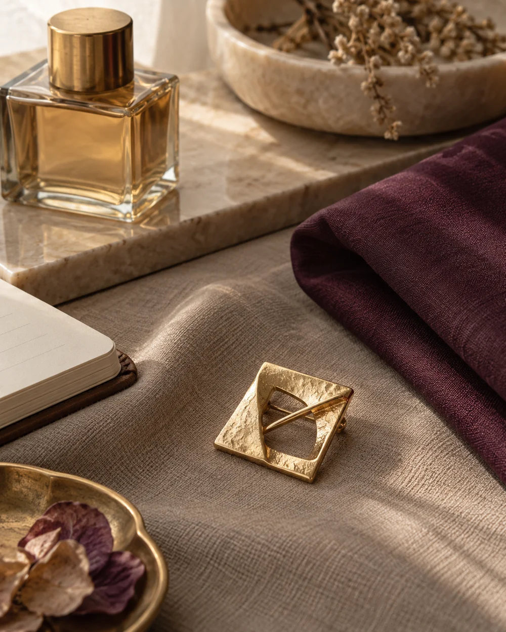 Try a Plum Accent in a Neutral Brooch Arrangement — AI-generated editorial concept