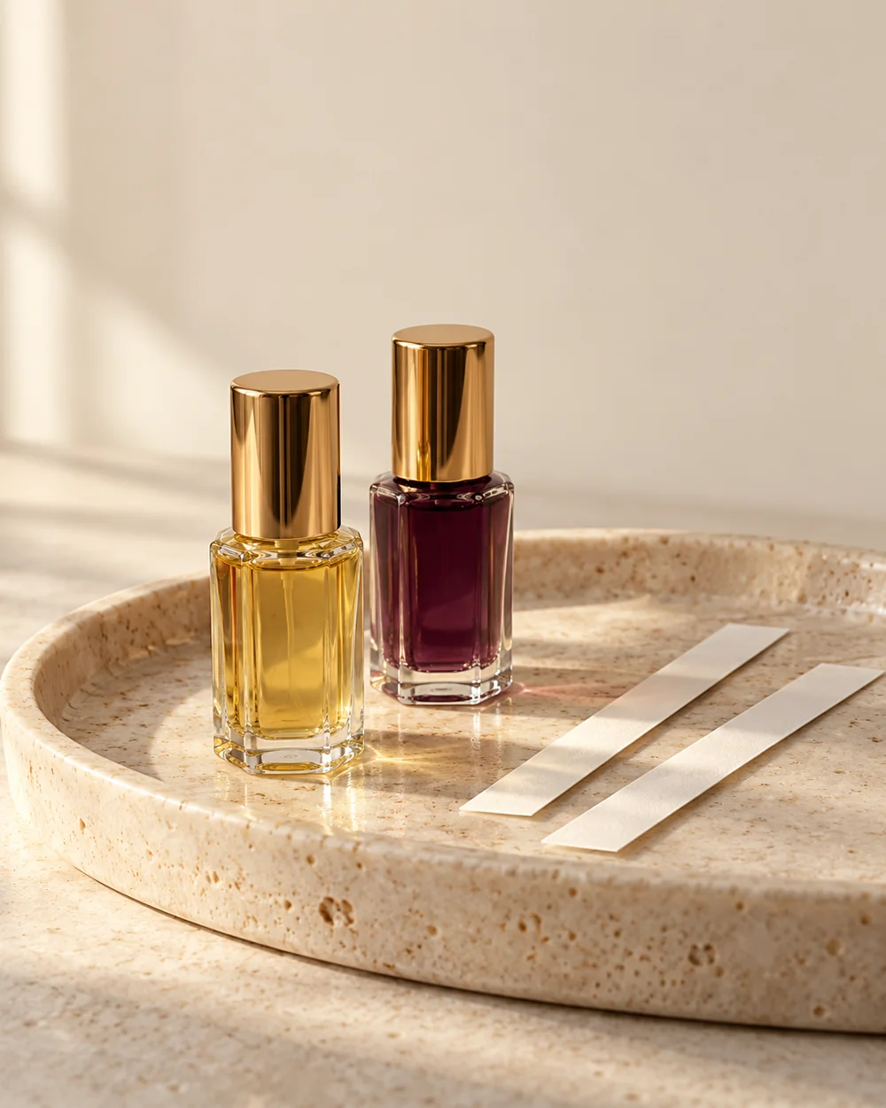 Unbranded fragrance bottles beside separate paper blotters — AI-generated editorial concept