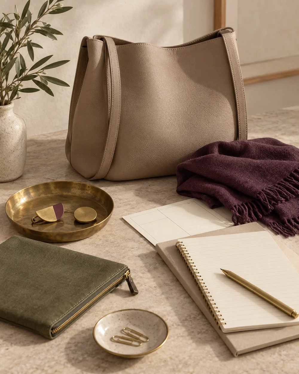 Use a Plum Accent With a Neutral Bag — AI-generated editorial concept