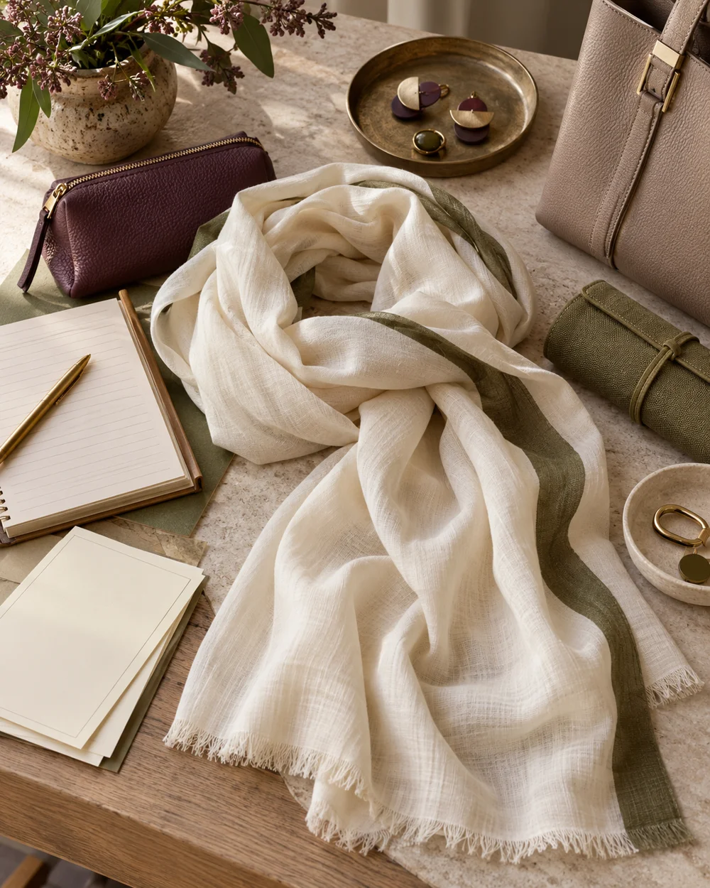 Use One Narrow Scarf Accent in a Flat Lay — AI-generated editorial concept